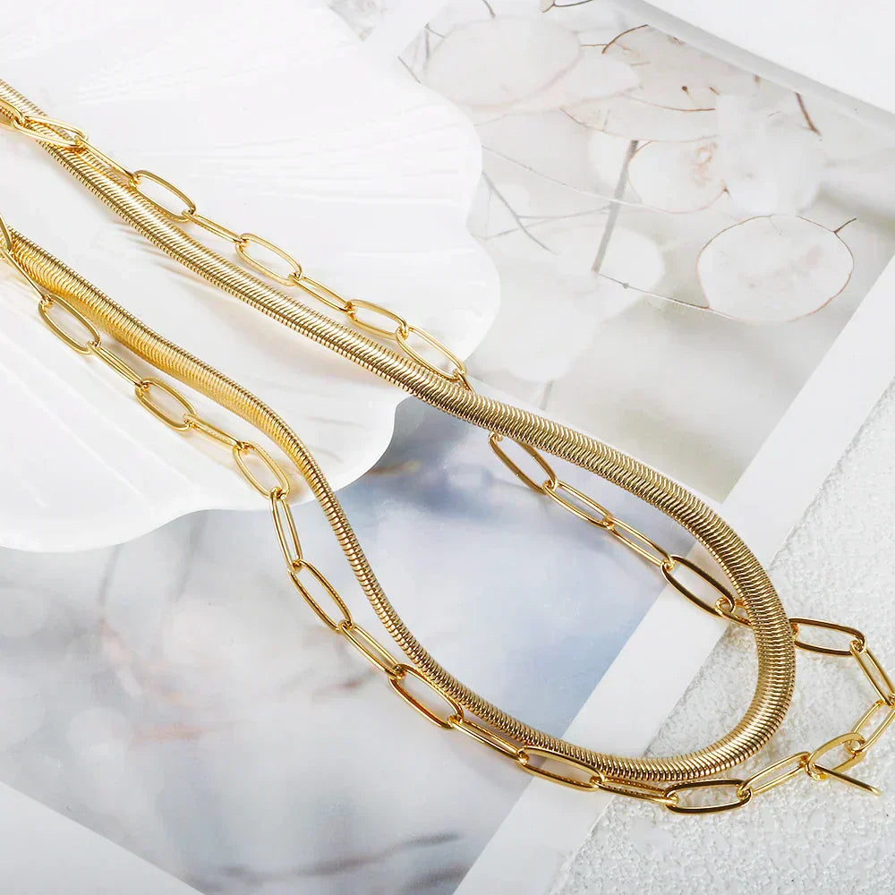 Collar Doble de Malla y Eslabones Chapado en Oro de 18K